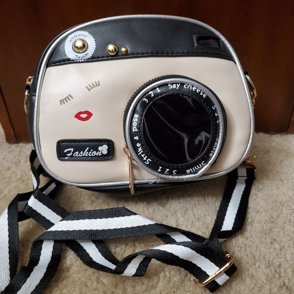 Black and cream camera crossbody purse